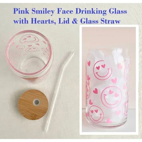 Pink Smiley Face Glass Tumbler 16 oz with Hearts Bamboo Lid and Glass Straw - Picture 6 of 10